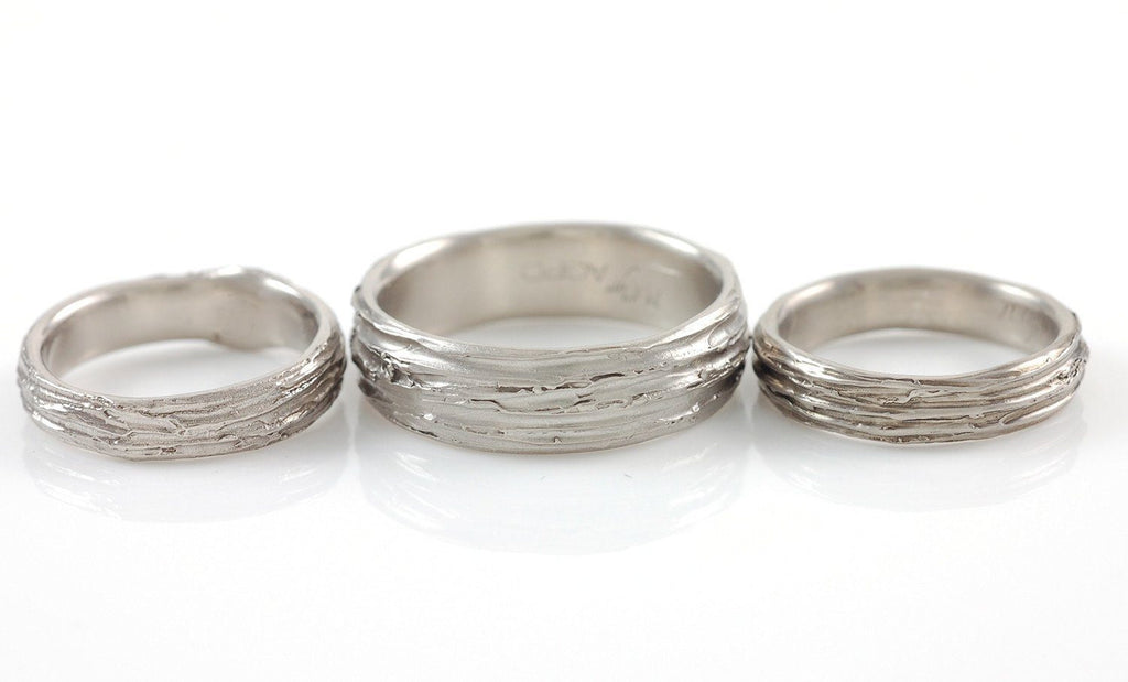 Custom Tree Bark Wedding Rings in Palladium/Silver and Meteorite and Tree Bark Ring - Made to Order - Beth Cyr Handmade Jewelry