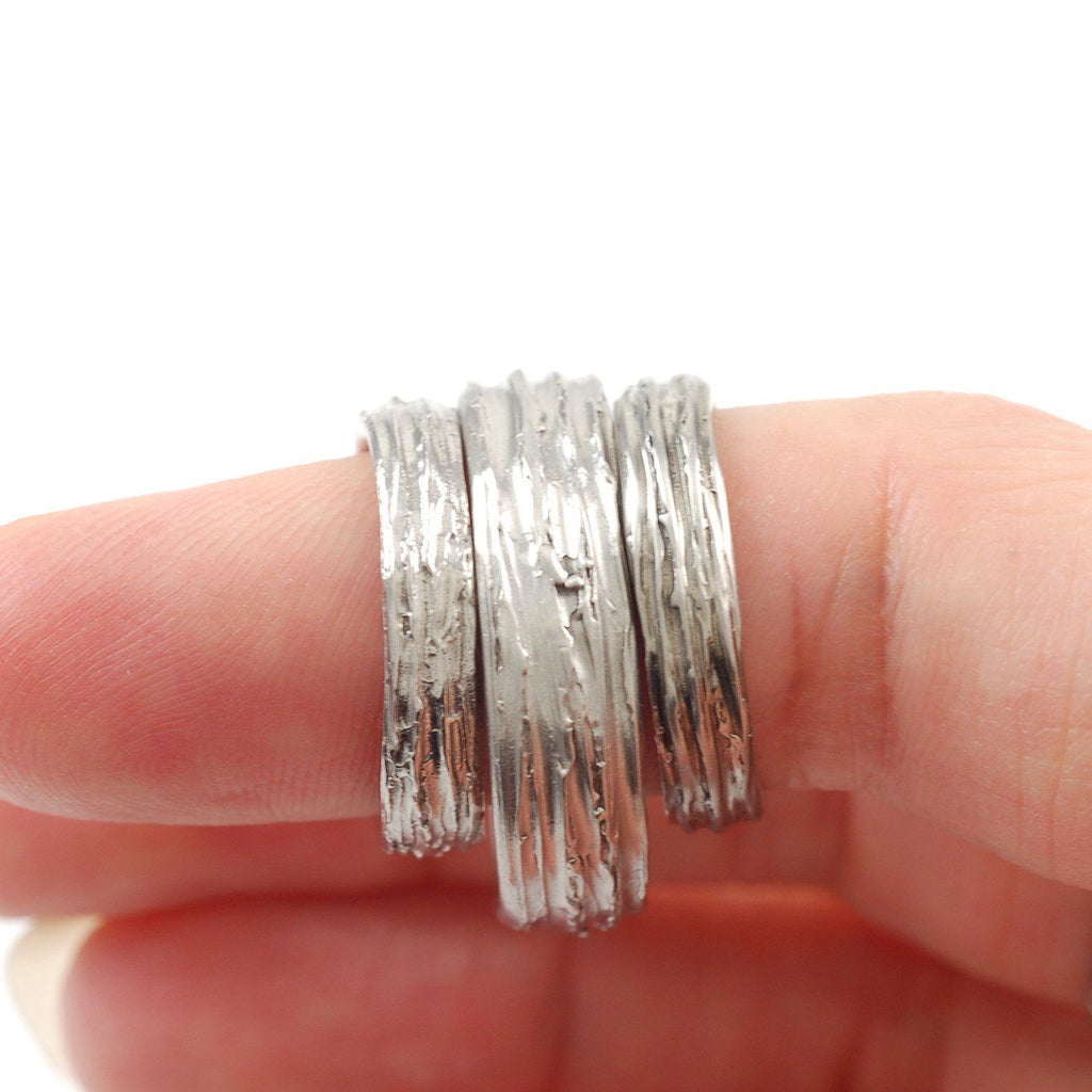 Custom Tree Bark Wedding Rings in Palladium/Silver and Meteorite and Tree Bark Ring - Made to Order - Beth Cyr Handmade Jewelry