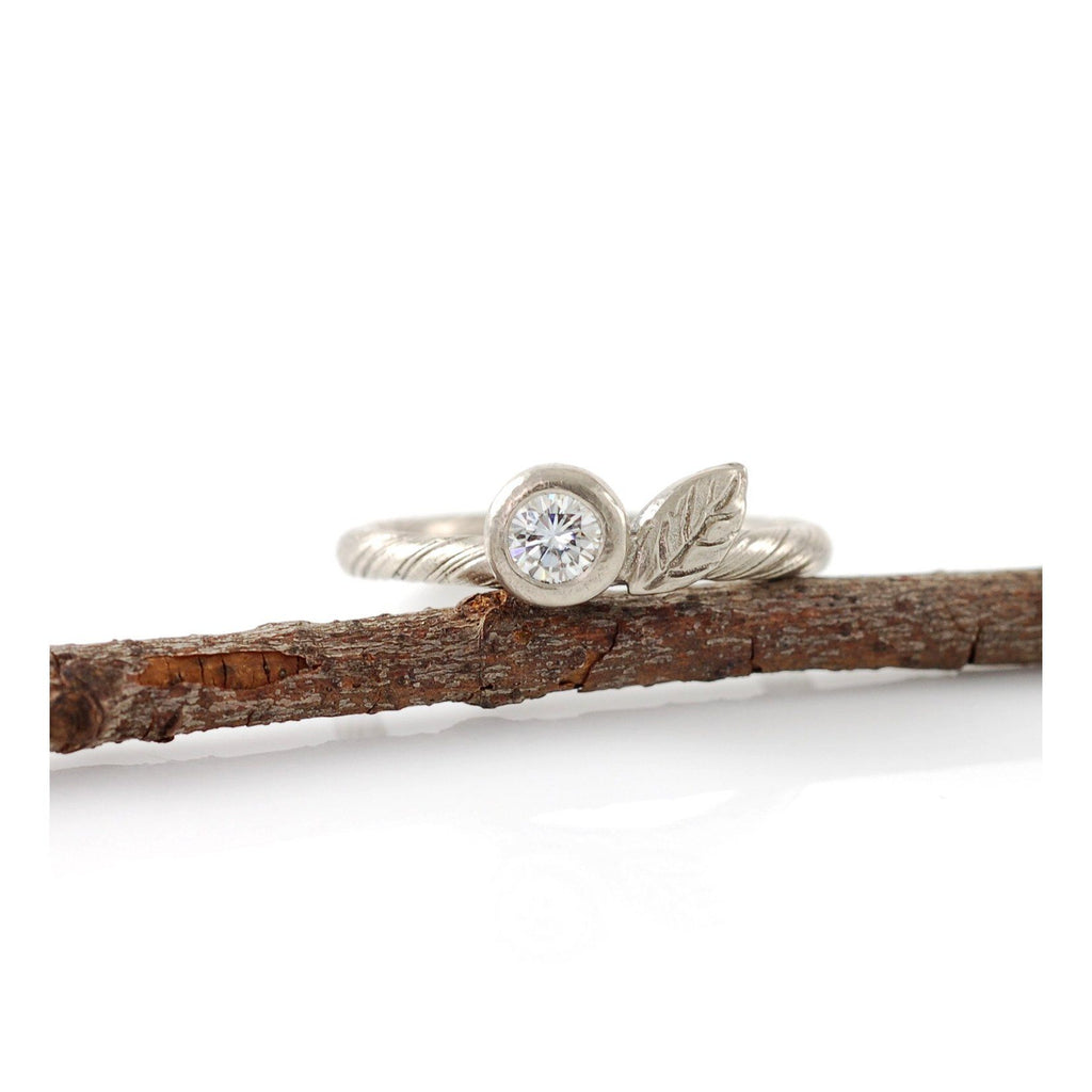 Palladium Sterling Silver Vine and Leaf Ring with 4mm White Sapphire - Beth Cyr Handmade Jewelry