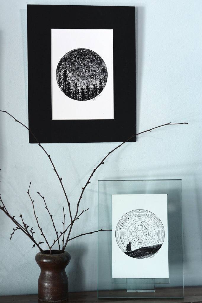 Dark Sky - Venus and Mars over the Trees - Original Drawing - Beth Cyr Handmade Jewelry