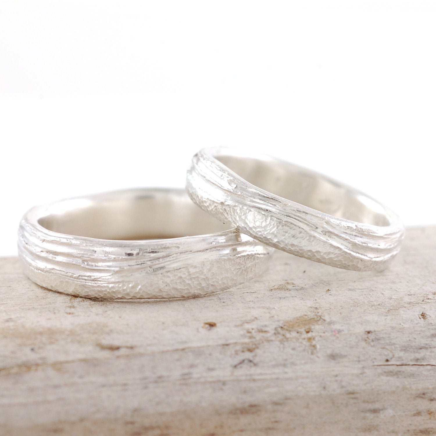 Sea and Sand Wedding Rings in Palladium Sterling Silver - Made to order - Beth Cyr Handmade Jewelry