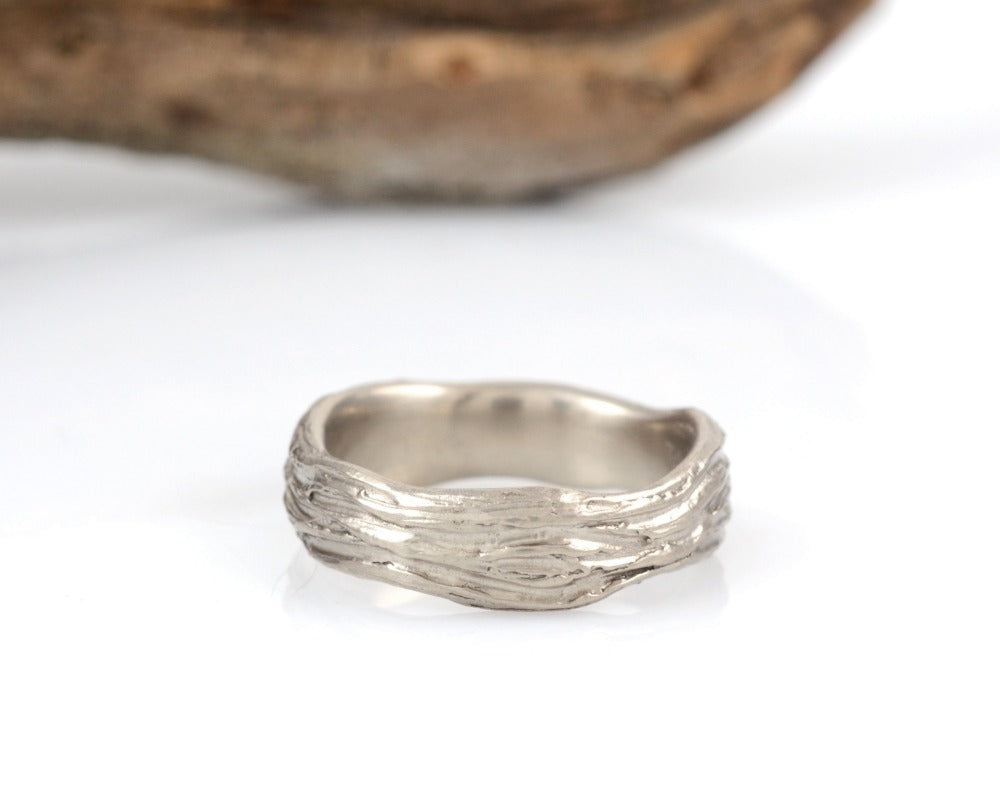Redwoods Tree Bark Wedding Rings in Palladium White Gold - Made to Order - Beth Cyr Handmade Jewelry