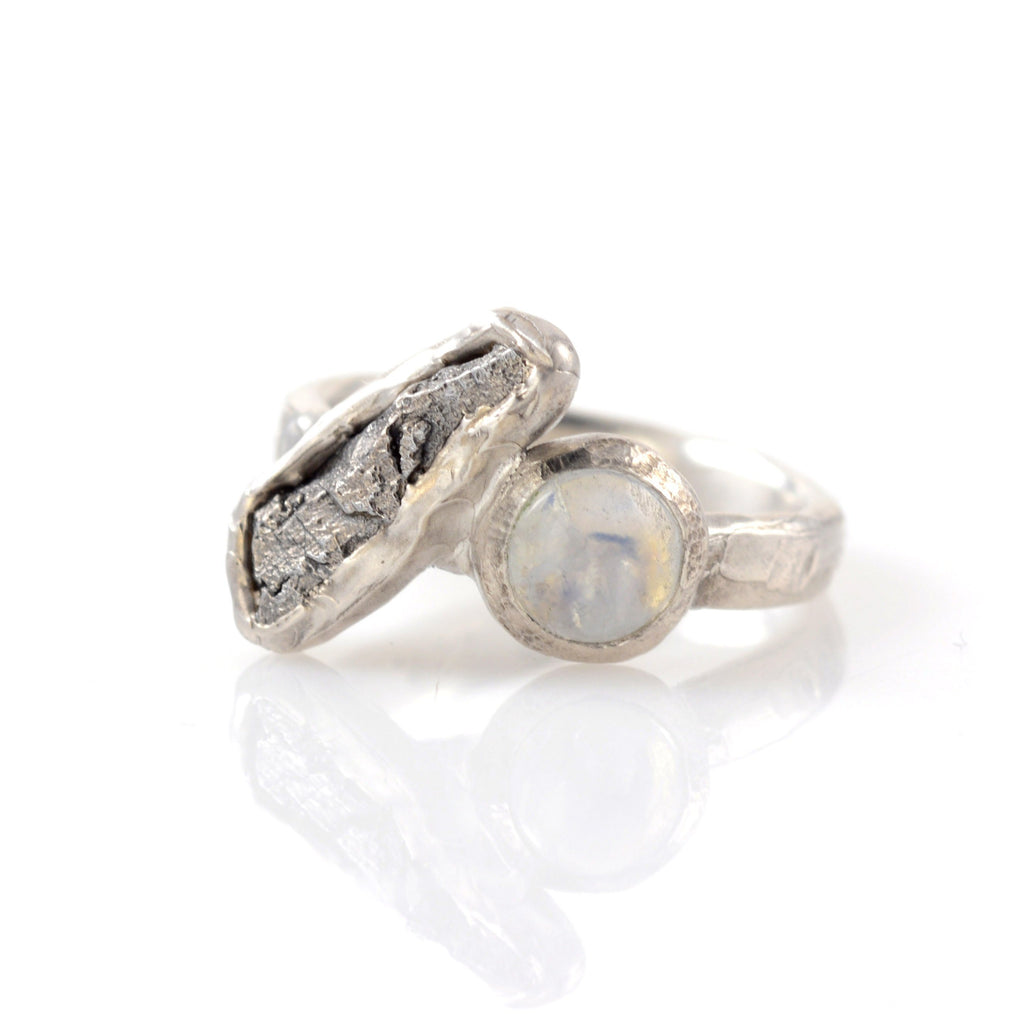 Meteorite Ring with Rainbow Moonstone in Palladium Sterling Silver - size 5.5 - Ready to Ship - Beth Cyr Handmade Jewelry