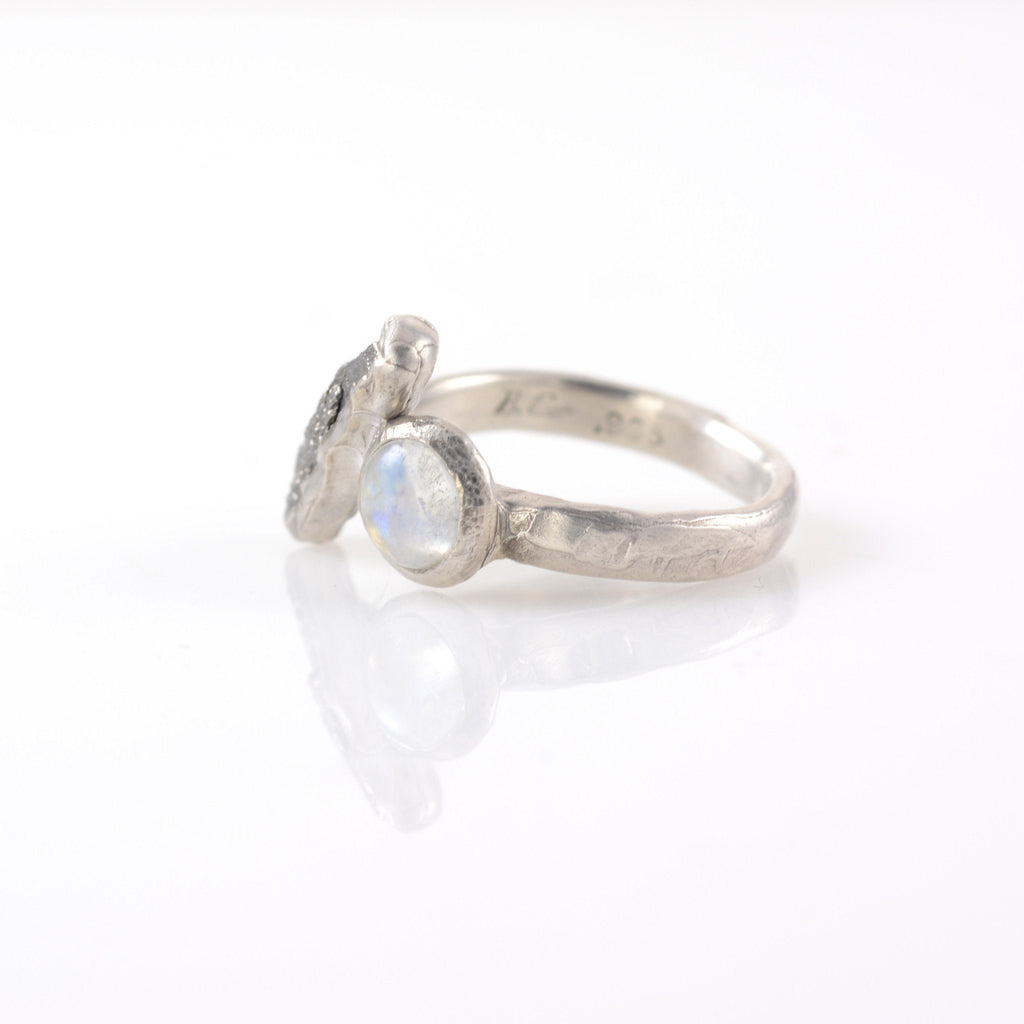 Meteorite Ring with Rainbow Moonstone in Palladium Sterling Silver - size 5.5 - Ready to Ship - Beth Cyr Handmade Jewelry