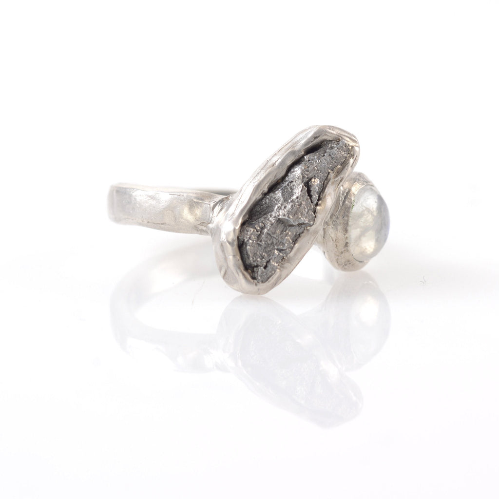 Meteorite Ring with Rainbow Moonstone in Palladium Sterling Silver - size 5.5 - Ready to Ship - Beth Cyr Handmade Jewelry