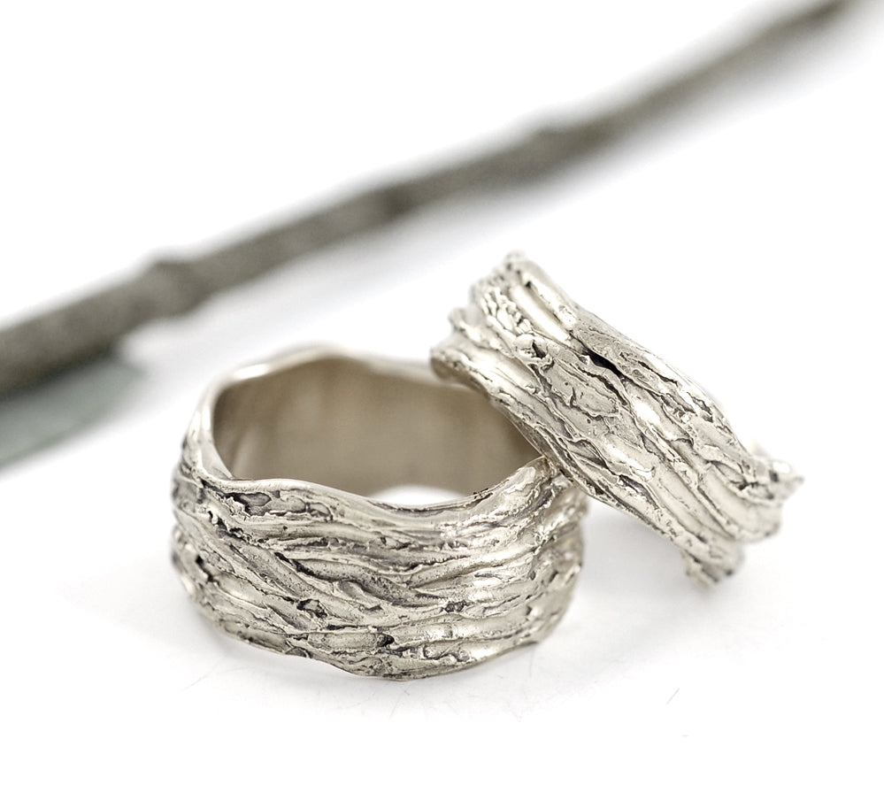 Redwoods Tree Bark Wedding Rings in Palladium Sterling Silver - Made to Order - DEPOSIT ONLY - please read description
