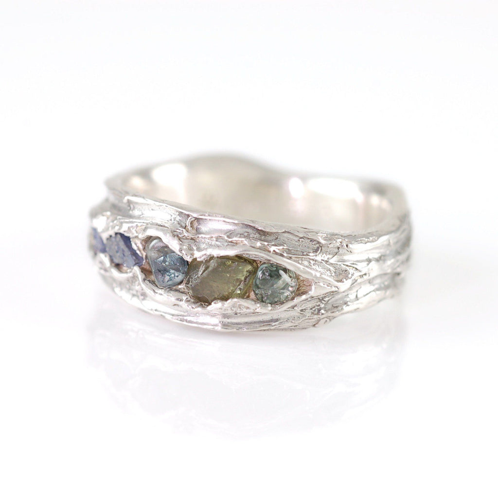 Redwoods Ring with Rough Sapphires in Palladium Sterling Silver  - Size 6 - Ready to Ship - Beth Cyr Handmade Jewelry