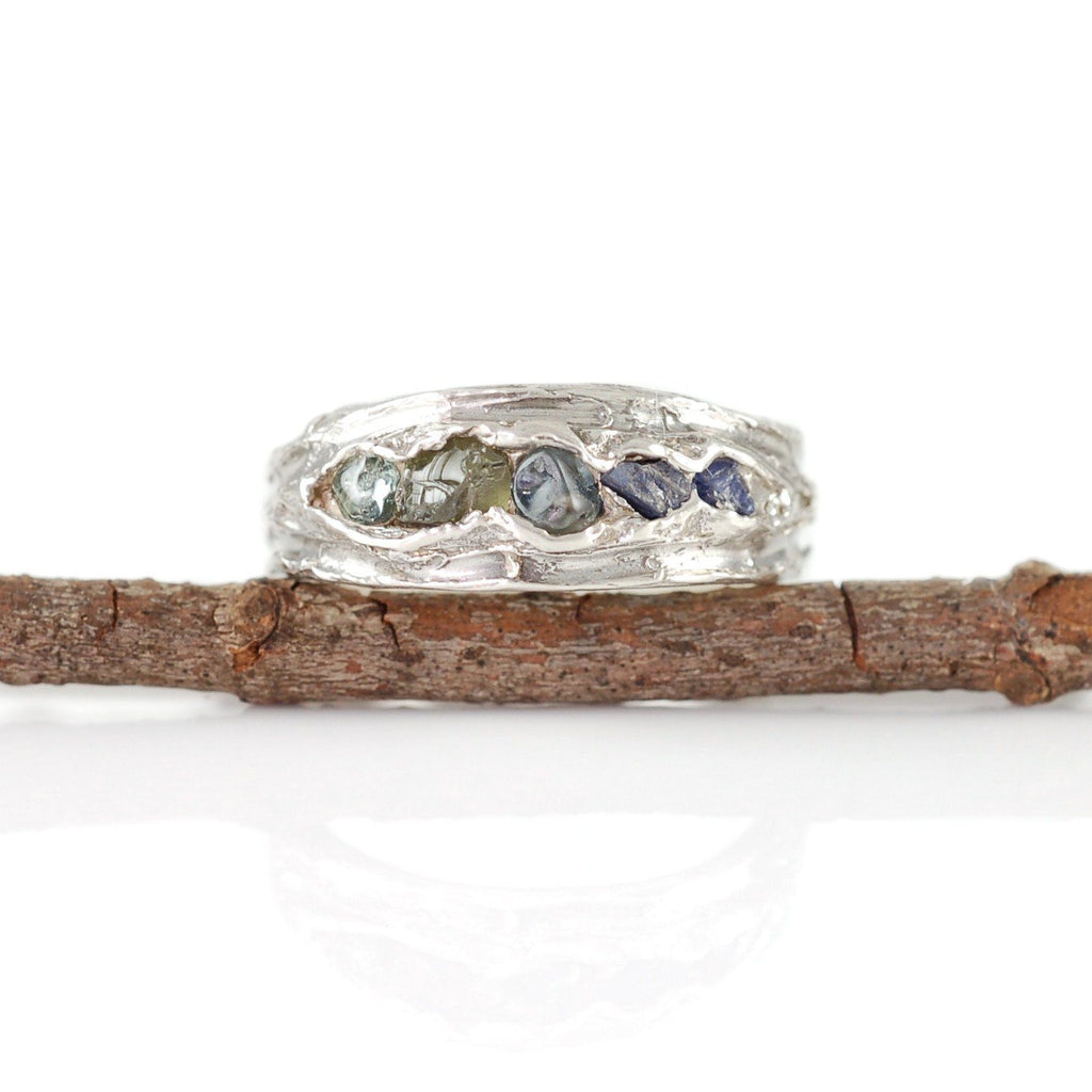 Redwoods Ring with Rough Sapphires in Palladium Sterling Silver  - Size 6 - Ready to Ship - Beth Cyr Handmade Jewelry