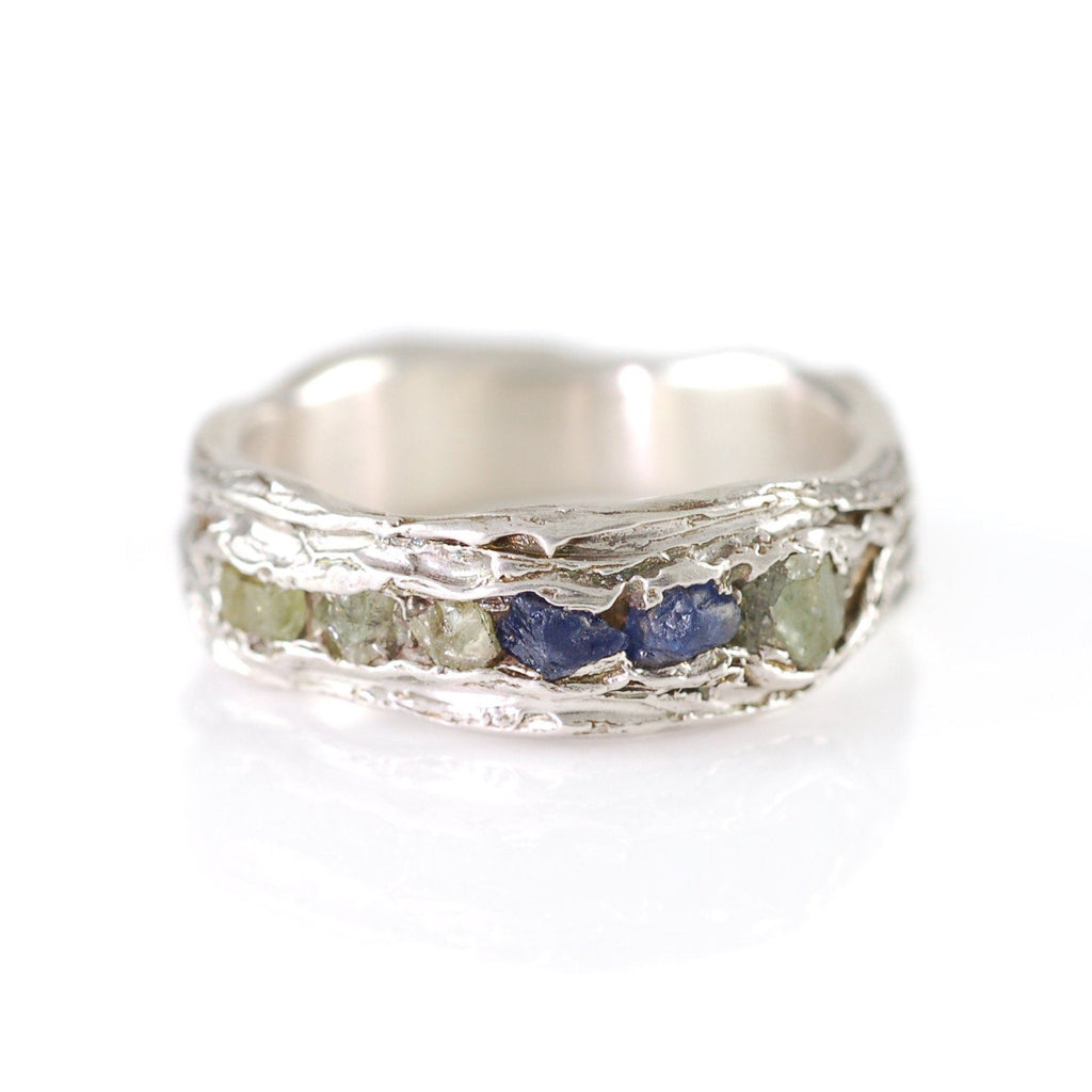 Redwoods Ring with Rough Sapphires in Palladium Sterling Silver  - Size 7.5 - Ready to Ship - Beth Cyr Handmade Jewelry