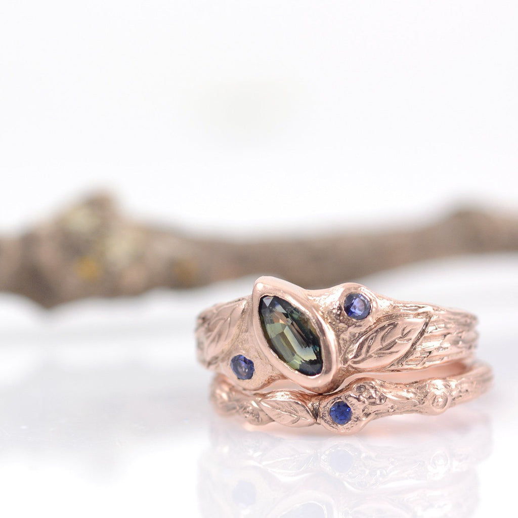 Custom Order for Amanda - rose gold twig ring with blue sapphire and leaf - Beth Cyr Handmade Jewelry