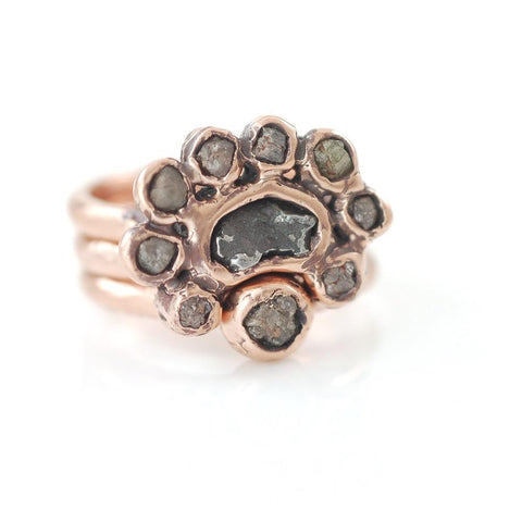 Meteorite and Rough Diamond Ring Set in 14k Rose Gold - size 6 1/4 - Ready to Ship - Beth Cyr Handmade Jewelry
