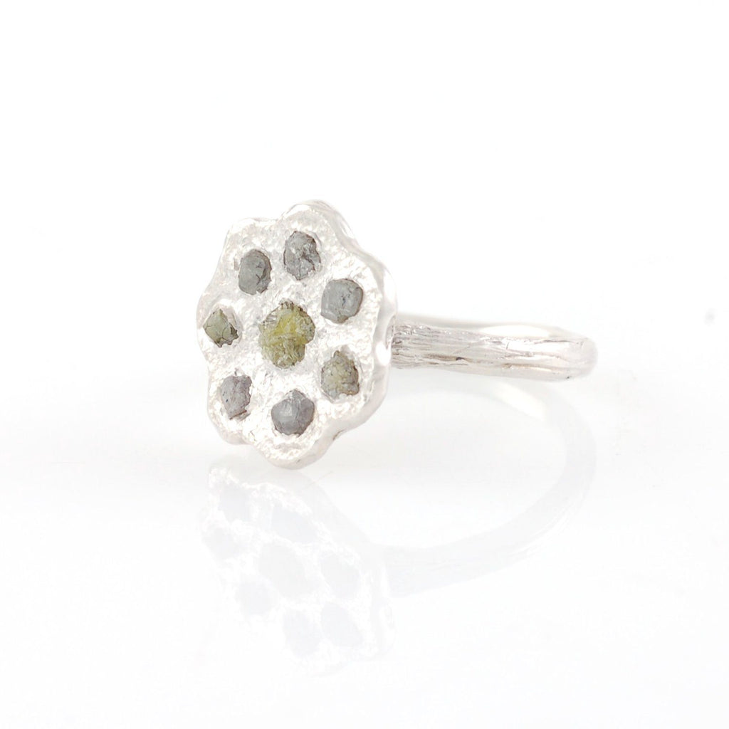 Rough Diamond Flower Ring in Palladium Sterling Silver - size 5.5 - Ready to Ship - Beth Cyr Handmade Jewelry