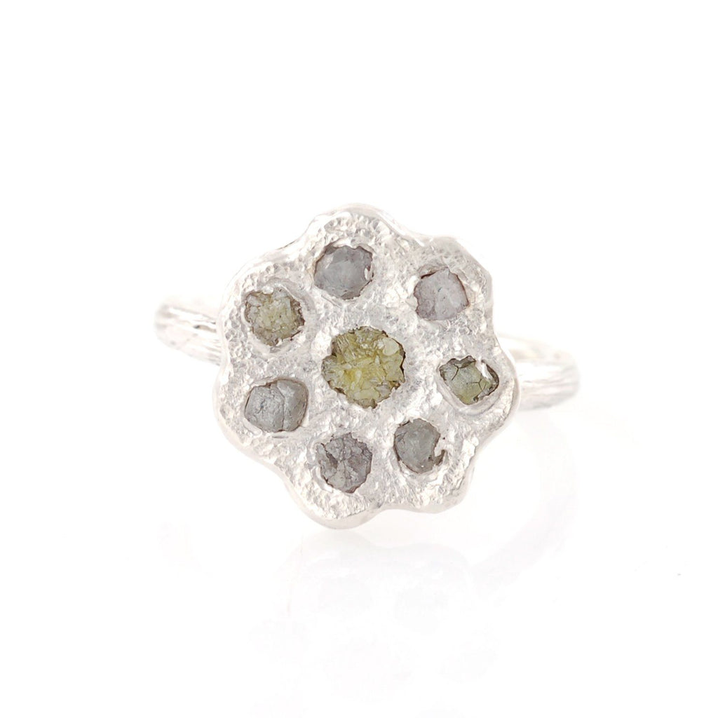 Rough Diamond Flower Ring in Palladium Sterling Silver - size 5.5 - Ready to Ship - Beth Cyr Handmade Jewelry