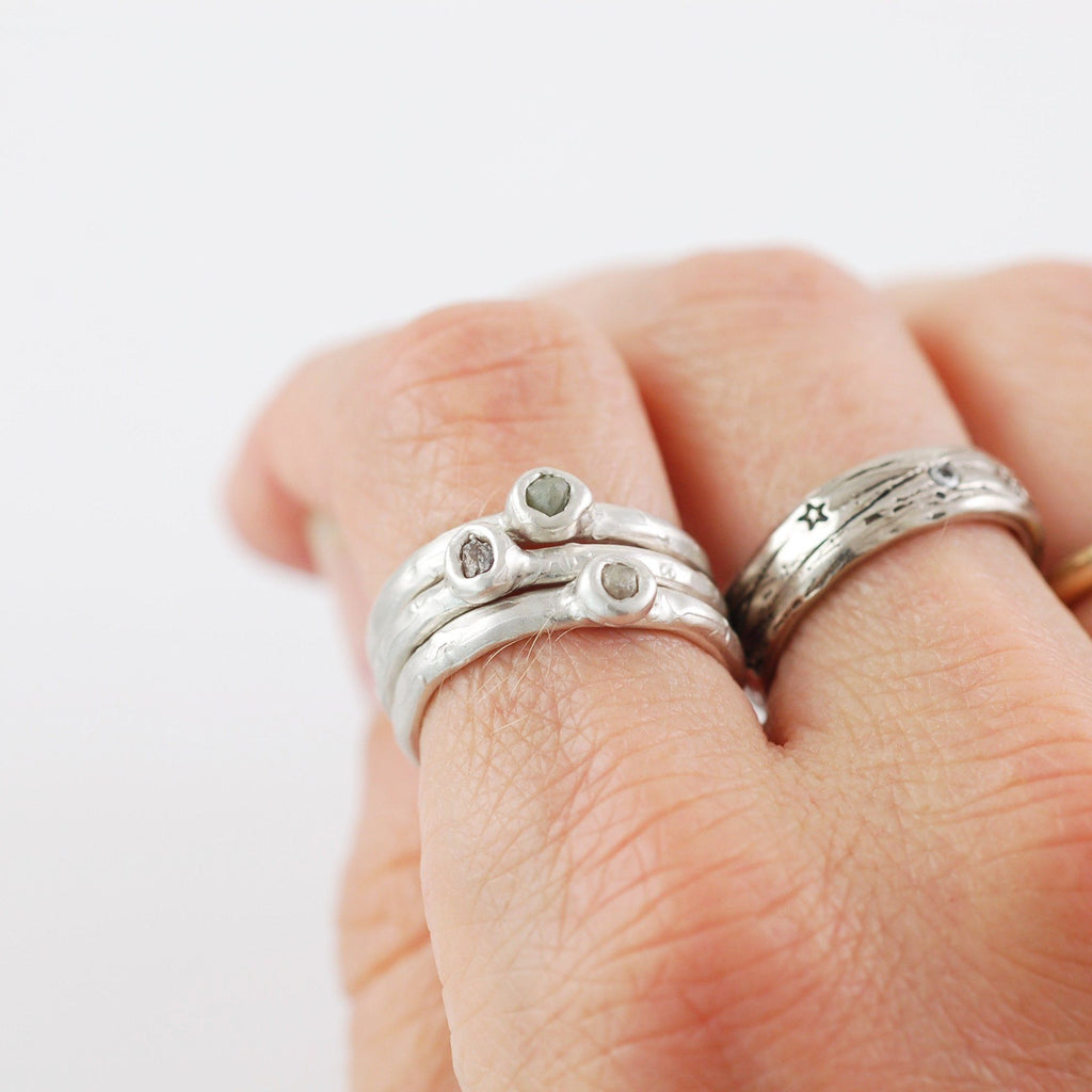 Rough Diamond Stacking Rings in Palladium Sterling Silver - Set of 3 - size 6 - Ready to Ship - Beth Cyr Handmade Jewelry