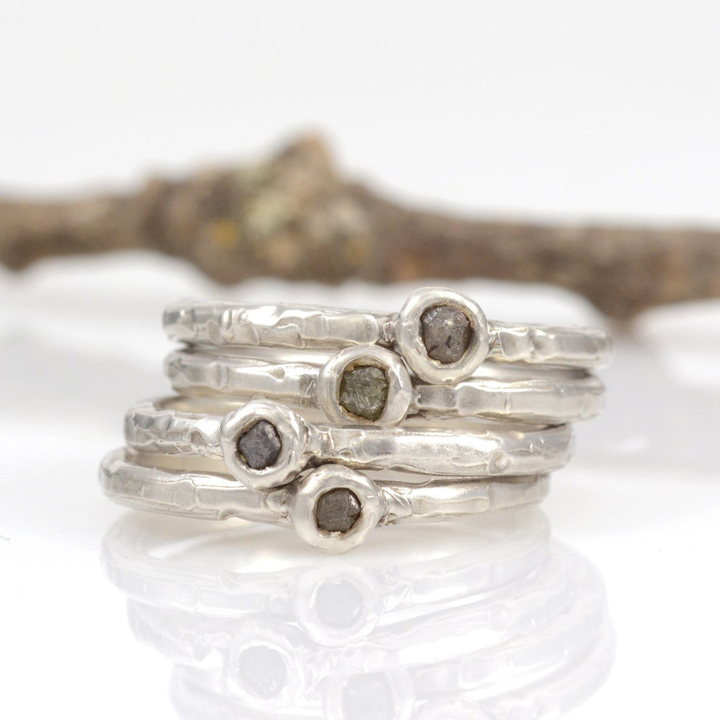 Rough Diamond Stacking Rings in Palladium Sterling Silver - Set of 4 - size 9 - Ready to Ship - Beth Cyr Handmade Jewelry