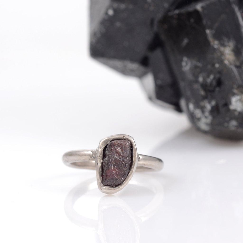 Offset Rough Ruby Simplicity Engagement Ring in Palladium/Silver - size 5.5 - Ready to Ship - Beth Cyr Handmade Jewelry