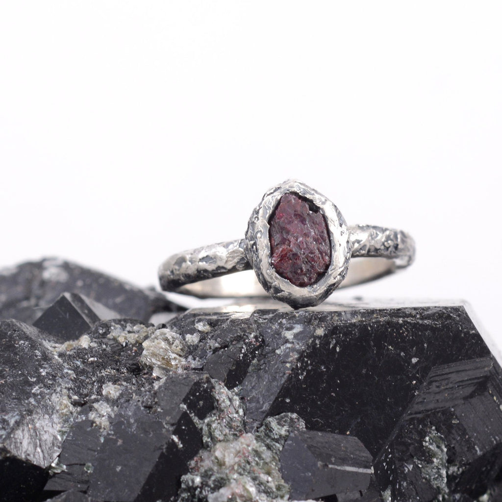 Rough Ruby Ring with Mountain Texture Band in Palladium Sterling Silver  - size 6.75 - Ready to Ship - Beth Cyr Handmade Jewelry