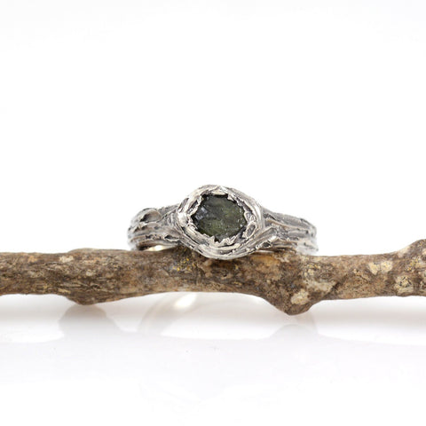 Tree Bark Ring with Rough Dark Green Sapphire in Palladium Sterling Silver - size 6.5 - Ready to Ship - Beth Cyr Handmade Jewelry