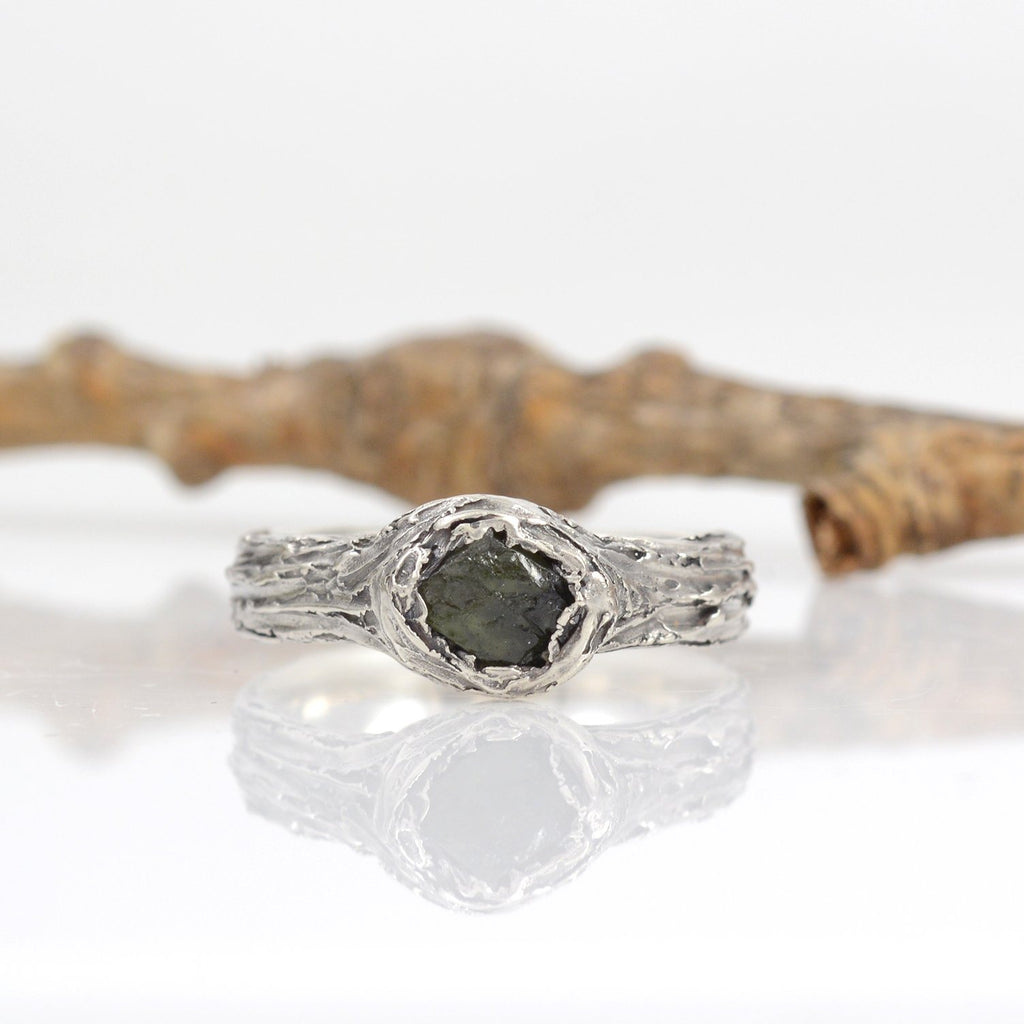 Tree Bark Ring with Rough Dark Green Sapphire in Palladium Sterling Silver - size 6.5 - Ready to Ship - Beth Cyr Handmade Jewelry