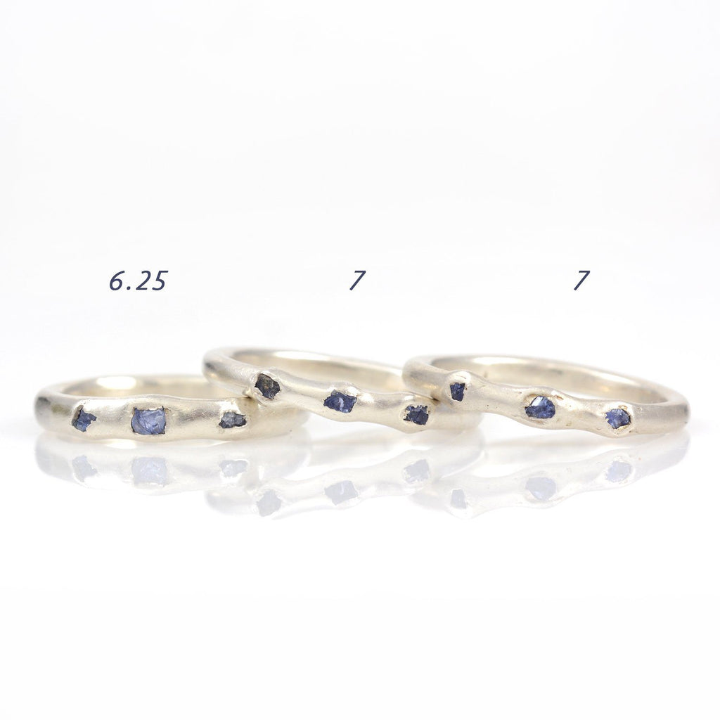 Rough Sapphire Trio Simplicity Wedding Rings in Palladium Sterling Silver - Size 6.25 or 7 - Ready To Ship - Beth Cyr Handmade Jewelry
