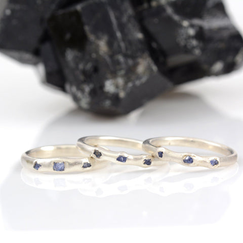 Rough Sapphire Trio Simplicity Wedding Rings in Palladium Sterling Silver - Size 6.25 or 7 - Ready To Ship - Beth Cyr Handmade Jewelry