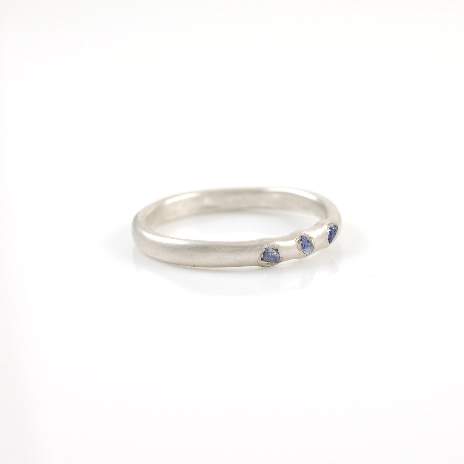 Rough Sapphire Trio Simplicity Wedding Rings in Palladium Sterling Silver - Size 11 1/4 - Ready To Ship - Beth Cyr Handmade Jewelry