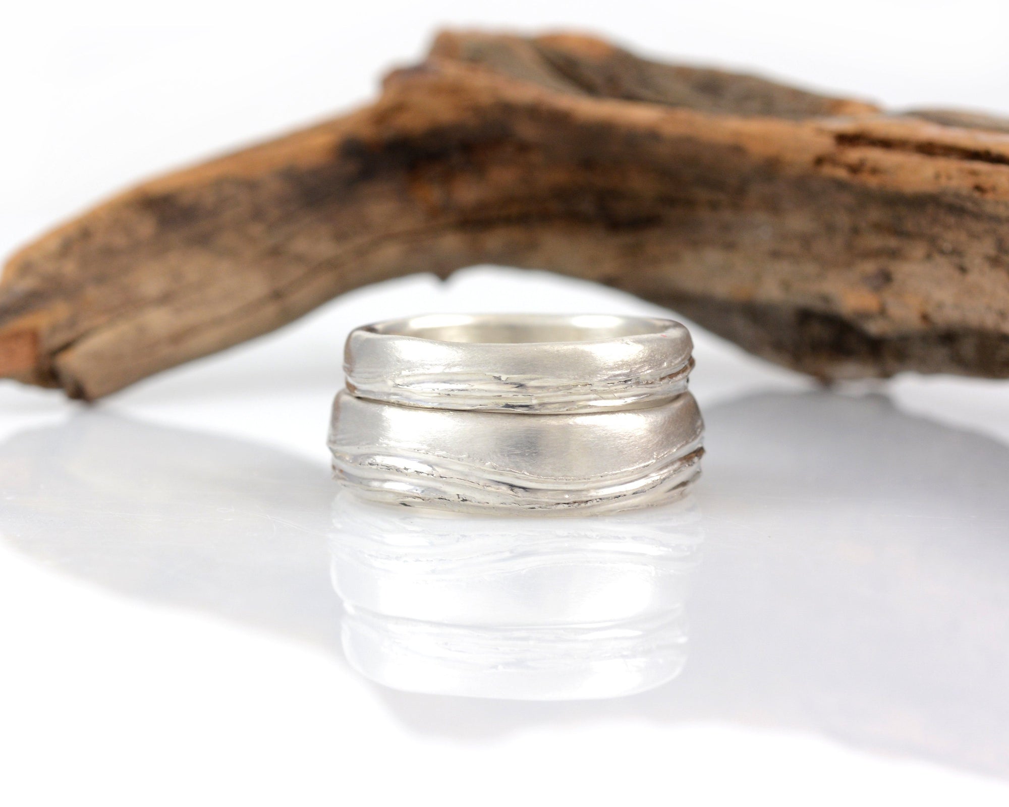 Sea and Sky Wedding Rings in Palladium Sterling Silver - Made to order - Beth Cyr Handmade Jewelry