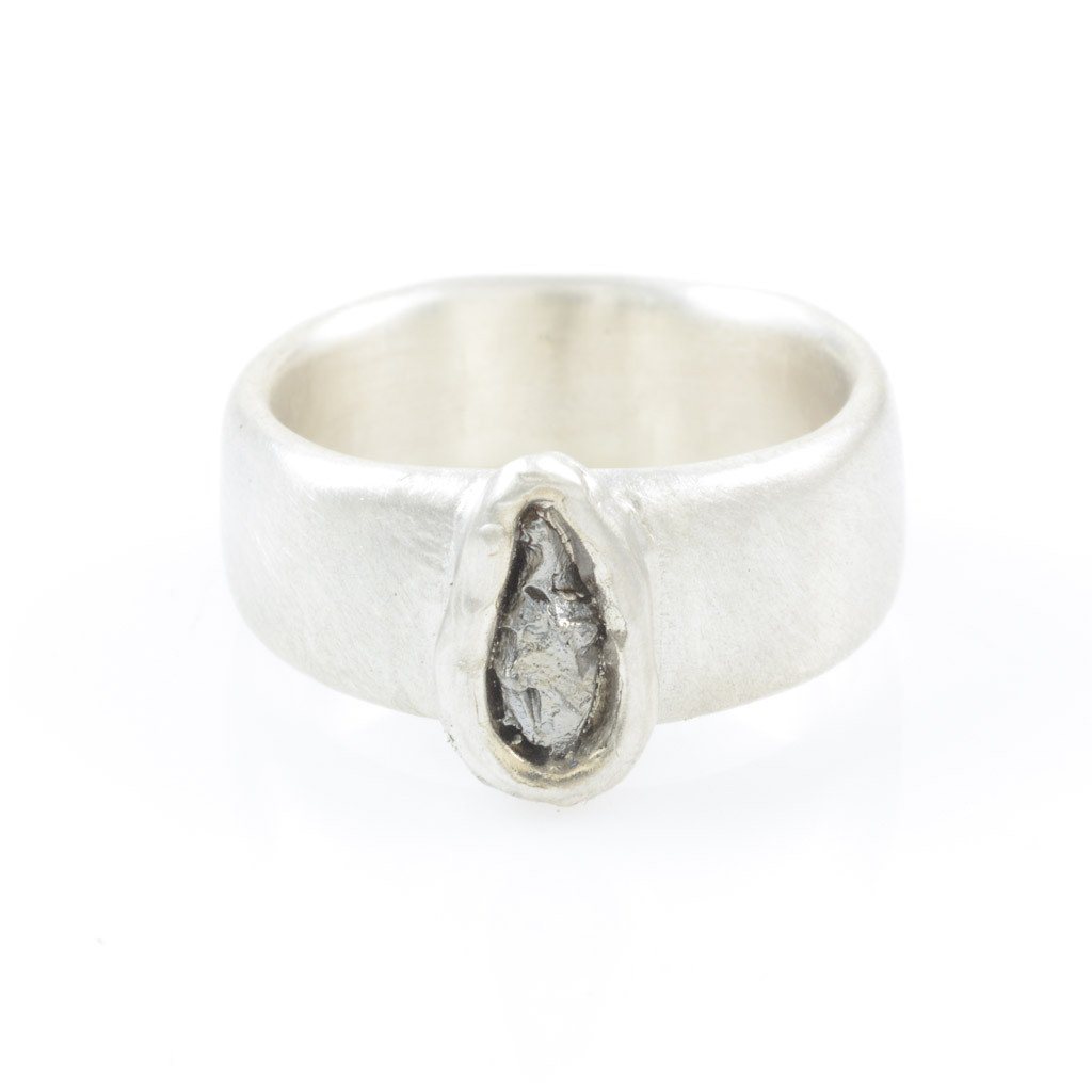 Simplicity Wide Band and Single Meteorite Ring in Palladium Sterling Silver - size 4 1/2 - Ready to Ship - Beth Cyr Handmade Jewelry