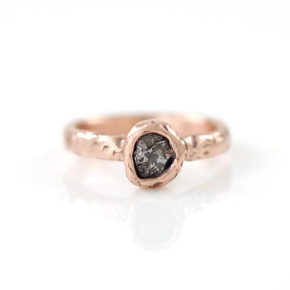 Custom Order - Single Meteorite Ring in 14k Rose Gold with prong setting and 2 diamonds with two palladium/silver wedding bands - Beth Cyr Handmade Jewelry
