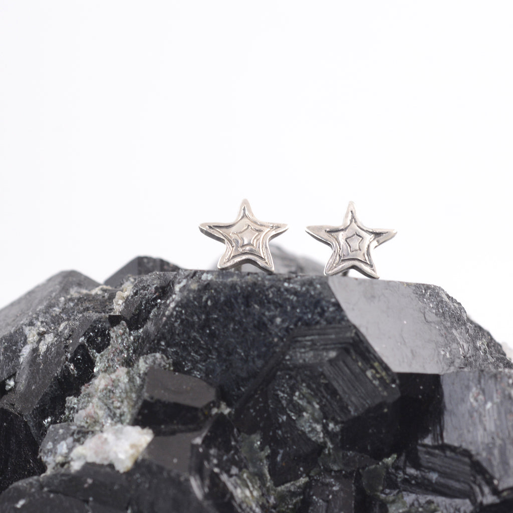 Star Burst Lined Texture -  Star Post Earrings in Sterling Silver - Ready to Ship
