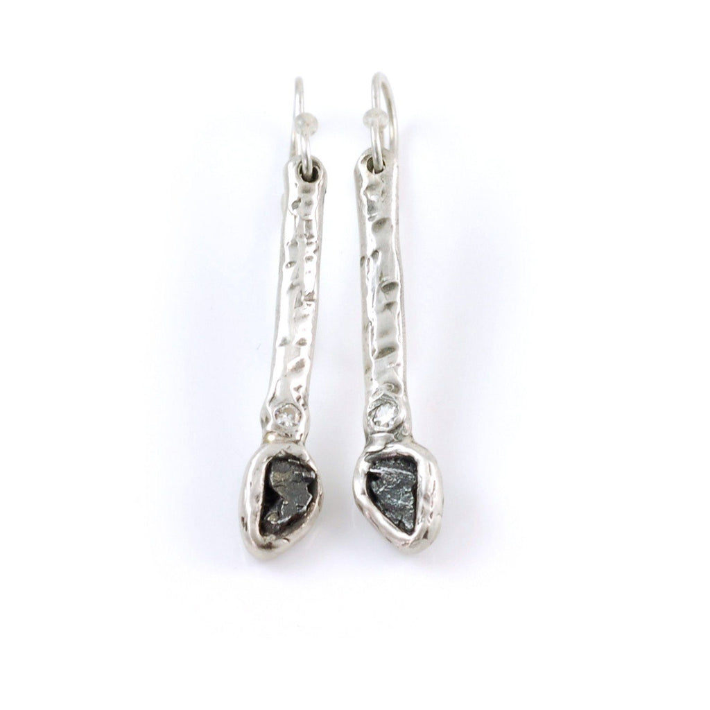 Meteorite and Moissanite Earrings in Sterling Silver - Ready to Ship - Beth Cyr Handmade Jewelry