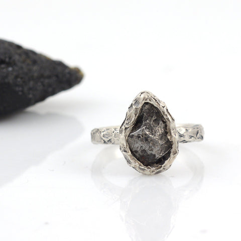 Meteorite Ring with Mountain Texture Band in Palladium Sterling Silver - size 7.5 - Ready to Ship - Beth Cyr Handmade Jewelry
