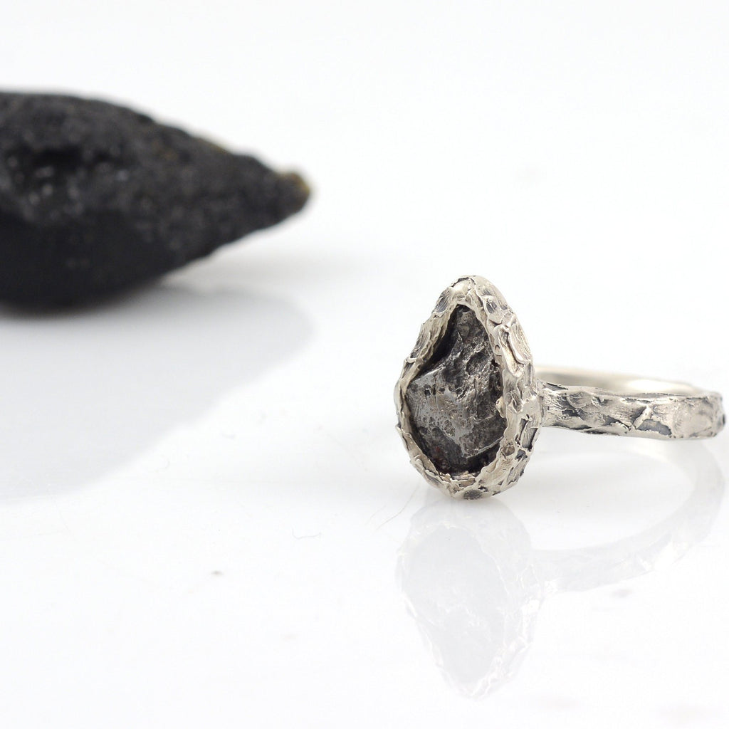 Meteorite Ring with Mountain Texture Band in Palladium Sterling Silver - size 7.5 - Ready to Ship - Beth Cyr Handmade Jewelry