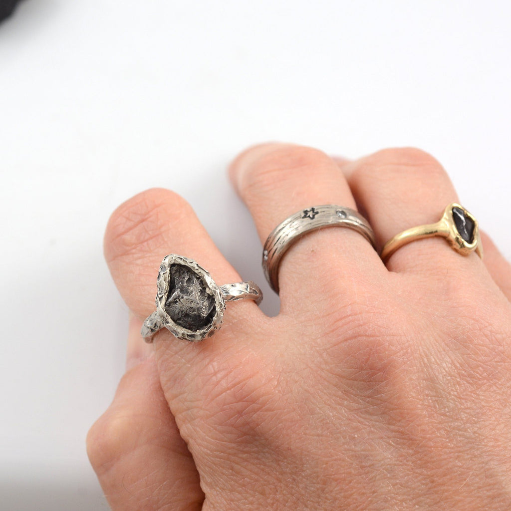 Meteorite Ring with Mountain Texture Band in Palladium Sterling Silver - size 7.5 - Ready to Ship - Beth Cyr Handmade Jewelry