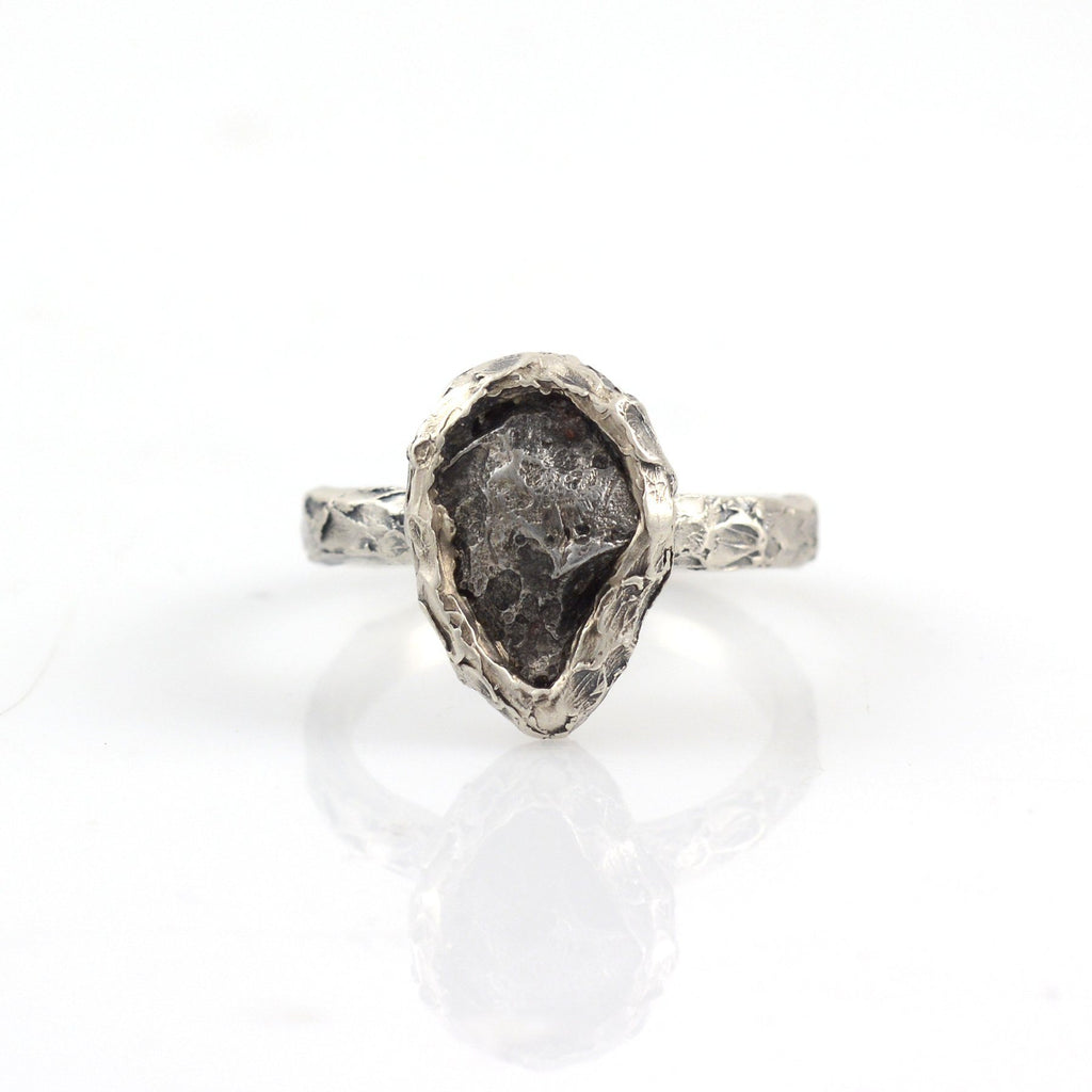 Meteorite Ring with Mountain Texture Band in Palladium Sterling Silver - size 7.5 - Ready to Ship - Beth Cyr Handmade Jewelry