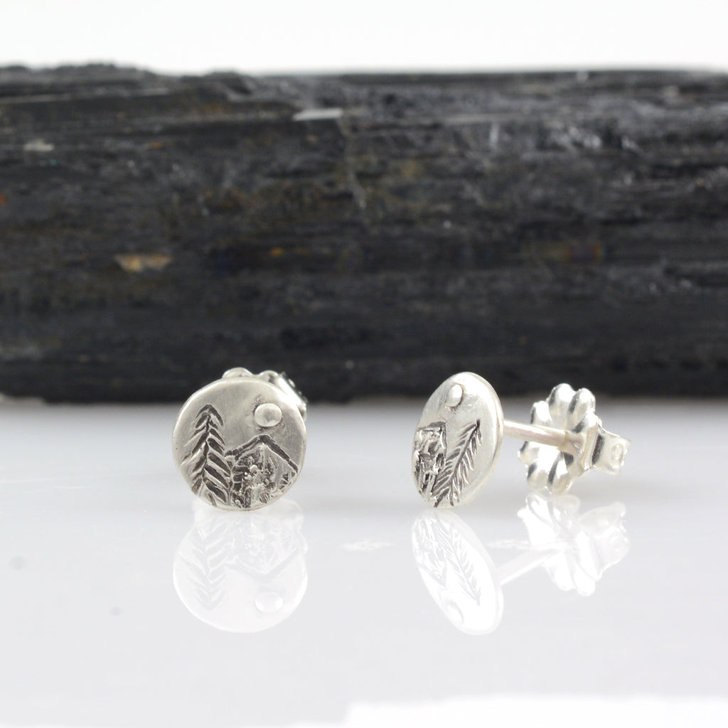 Landscape Earrings - Tiny Tree, Moon and Mountain Sterling Silver Post Earrings - Ready to Ship