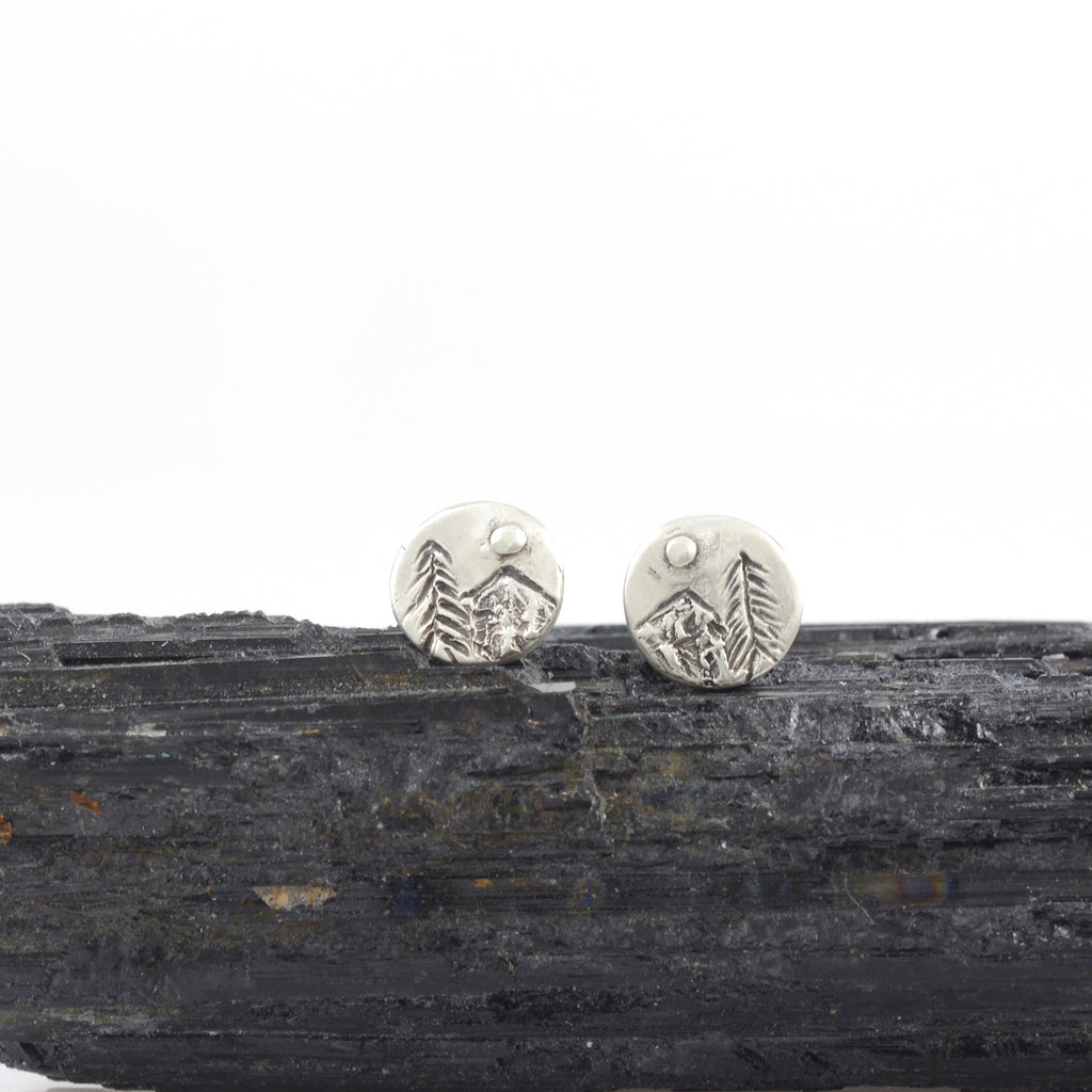 Landscape Earrings - Tiny Tree, Moon and Mountain Sterling Silver Post Earrings - Ready to Ship