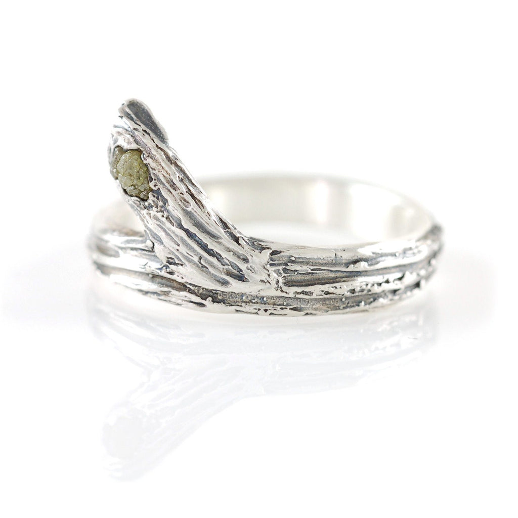 Tree Bark Branch with Rough Diamond in Palladium Sterling Silver - Made to Order - Beth Cyr Handmade Jewelry