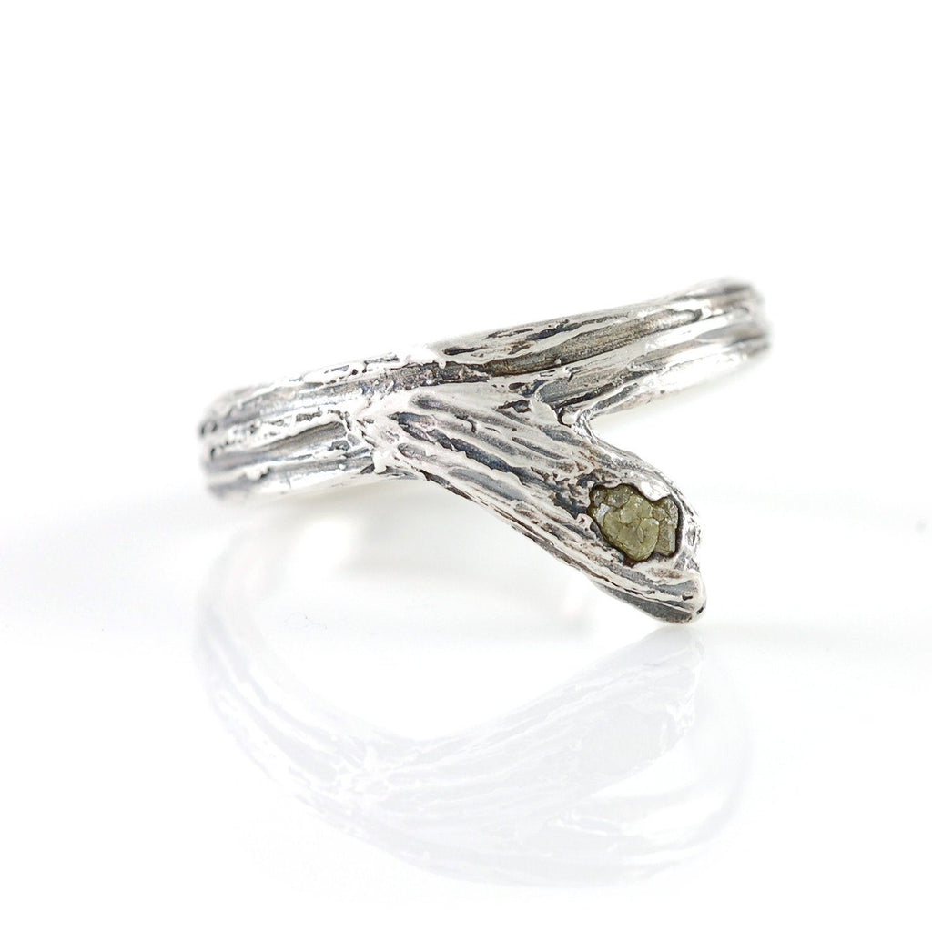 Tree Bark Branch with Rough Diamond in Palladium Sterling Silver - Made to Order - Beth Cyr Handmade Jewelry