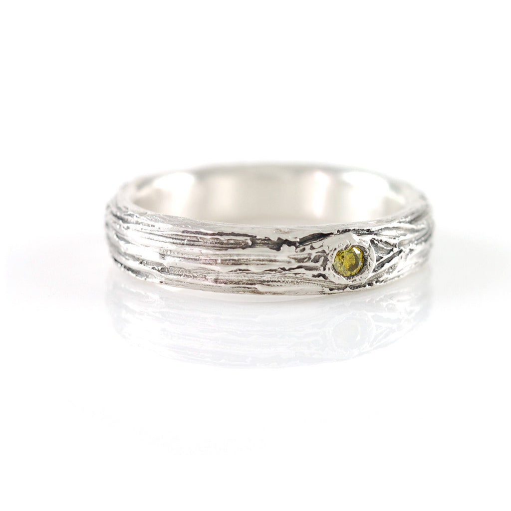 Tree Bark Love Knot Ring with Yellow Diamond in Palladium Sterling Silver - size 6.75 - Ready to Ship - Beth Cyr Handmade Jewelry