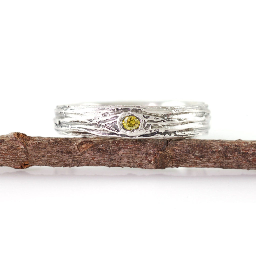 Tree Bark Love Knot Ring with Yellow Diamond in Palladium Sterling Silver - size 6.75 - Ready to Ship - Beth Cyr Handmade Jewelry