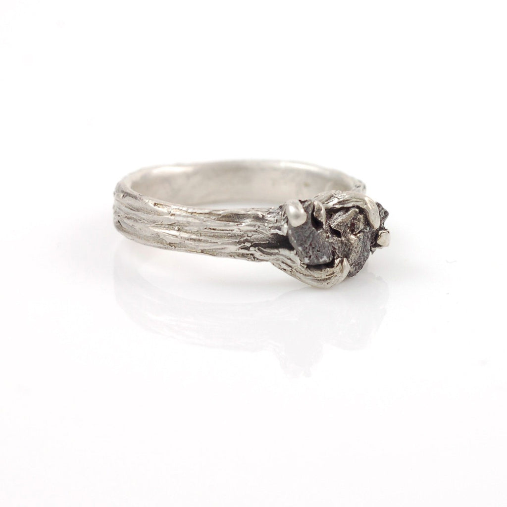 Tree Bark Ring with Meteorite in Palladium Sterling Silver - size 6 - Ready to Ship - Beth Cyr Handmade Jewelry