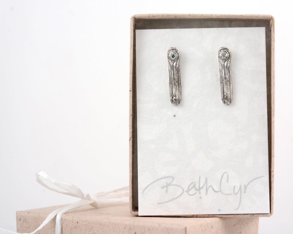 Tree Bark Post Earrings with Teal Diamond Knot in Sterling Silver - Ready to ship - Beth Cyr Handmade Jewelry