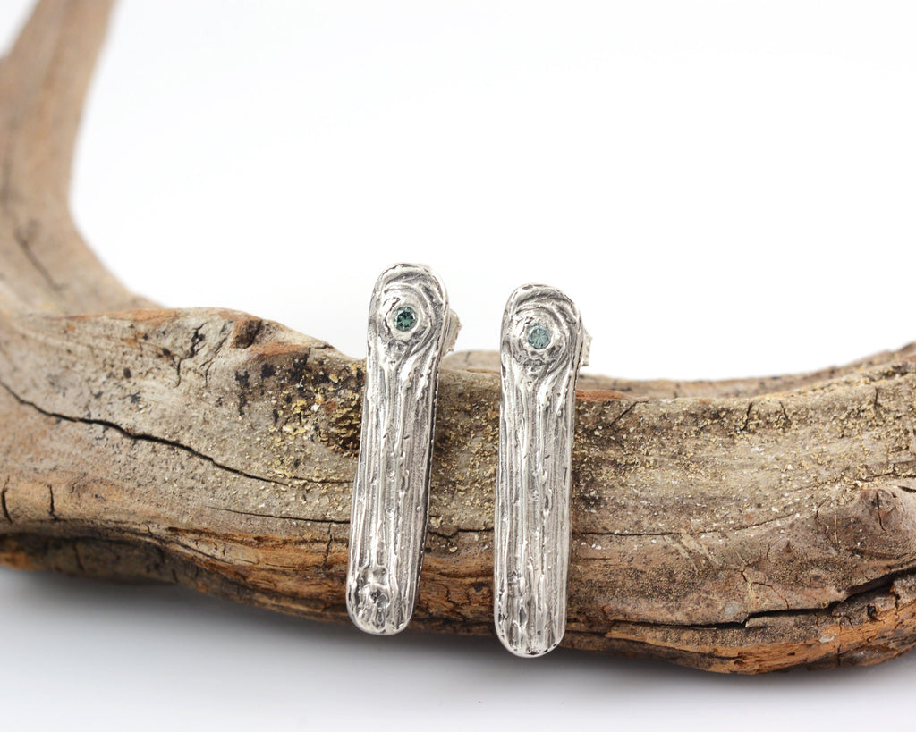 Tree Bark Post Earrings with Teal Diamond Knot in Sterling Silver - Ready to ship - Beth Cyr Handmade Jewelry