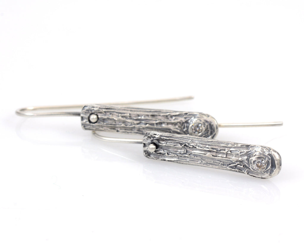 Tree Bark Earrings with Moissanite Knot in Sterling Silver - Ready to ship - Beth Cyr Handmade Jewelry