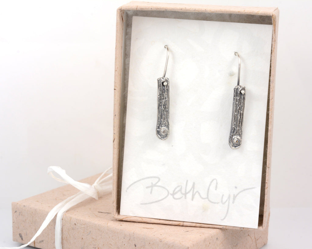Tree Bark Earrings with Moissanite Knot in Sterling Silver - Ready to ship - Beth Cyr Handmade Jewelry