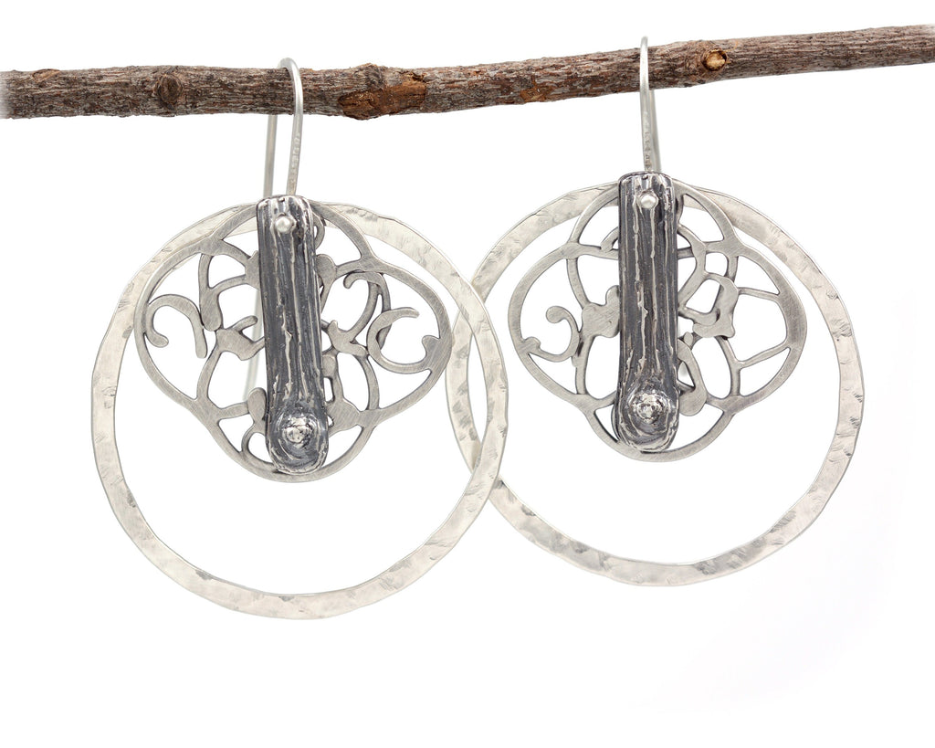 Tree Bark, Organic Vine and Circle Earrings in Sterling Silver - Ready to Ship - Beth Cyr Handmade Jewelry