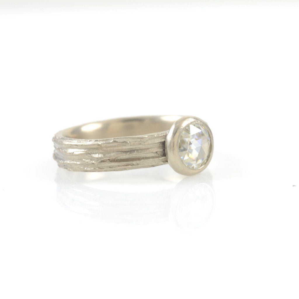 Tree Bark Love Knot Rose Cut Moissanite Ring in 14k Palladium White Gold - size 6.5 - ready to ship - Beth Cyr Handmade Jewelry
