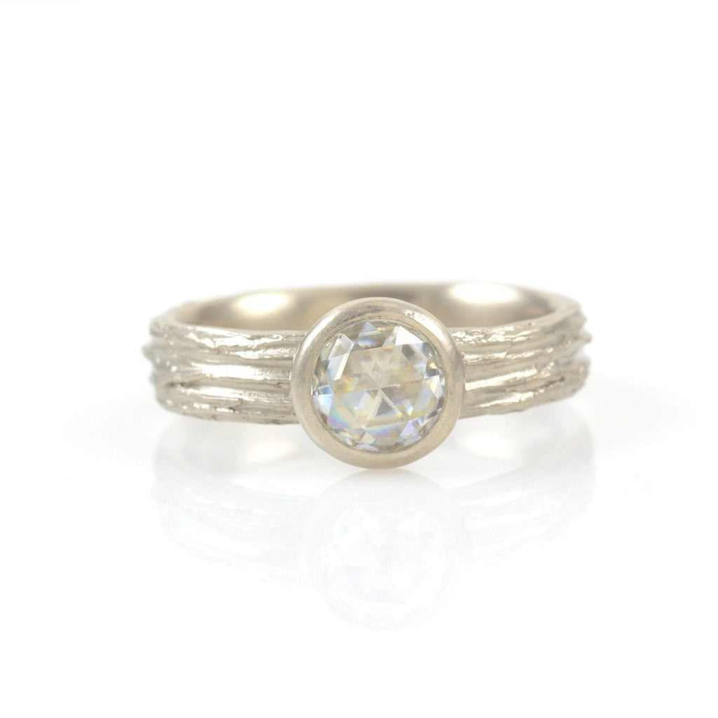 Tree Bark Love Knot Rose Cut Moissanite Ring in 14k Palladium White Gold - size 6.5 - ready to ship - Beth Cyr Handmade Jewelry