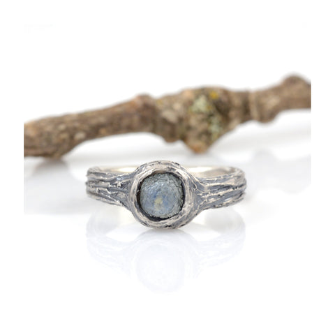 Tree Bark with Rough Sapphire in Palladium Sterling Silver - Custom Order for Lanette - Beth Cyr Handmade Jewelry